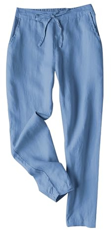 Tanming Cotton Linen Pants for Women Summer Casual Trousers(Blue-L) | High Waisted Drawstring Joggers with Pockets, Back Elastic, Lightweight Beach Travel Vacation Resort Trousers Slacks