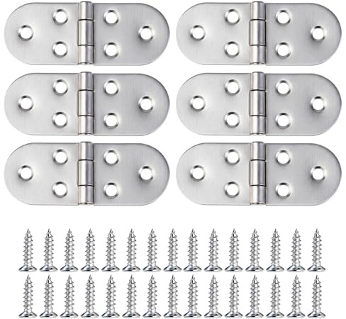 6-Pack Stainless Steel Folding Flap Hinge, 8x3.1 cm, 180 Degree (Includes 36 Screws), Suitable for Folding Dining Tables, Cabinets, Wardrobes, Wooden Boxes, Planks, for Sewing Machines (Silver)