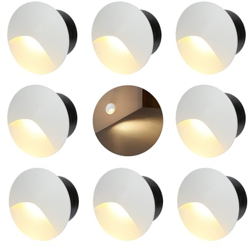 FWoche Treppenlicht Treppenbeleuchtung rund,3W Wandleuchte warmweiß 3000K IP44 Stufenbeleuchtung innen Wandeinbauleuchte treppe mit Unterputzdose Aluminium wasserdicht, 230V, 8 Stücke, weiße Schale