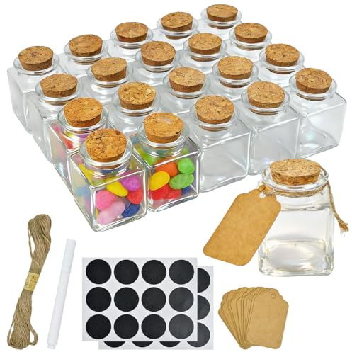 ASOUUNLD Mini Glasflaschen mit Korken 20 Stück 50 ml Quadratisch | Glasfläschchen mit Hanfseil und Etiketten für Gewürze, Gastgeschenke, DIY, Dekoration und Samen