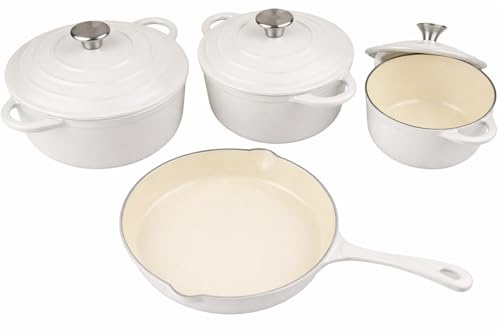 MY HOMIE Enamel Cast Iron Dutch Oven and Saucepan Set with 7 pcs Non Stick Pans Set, 3 Small Medium Large Dutch Ovens with Lid and 1 Sauce Pan, Gas Induction Cooker Compatible Cookware - (White)