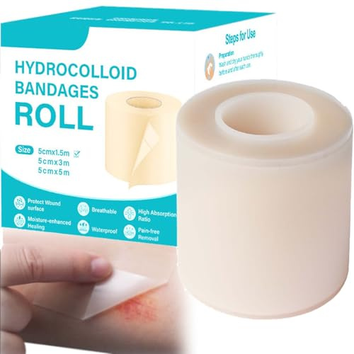 Hydrocolloid Bandage Roll 5cm x 1.5m, Self-Adhesive Waterproof Wound Dressing Tape, Hypoallergenic Hydrocolloid Plasters for Skin Protection and Healing