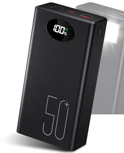 50000mAh Power Bank con cavo integrato: batteria esterna da 22,5 W a ricarica rapida con grande capacità, caricatore portatile con torcia a LED e 7 uscite e 3 ingressi-50000mAh Lettore MP3 touchscreen