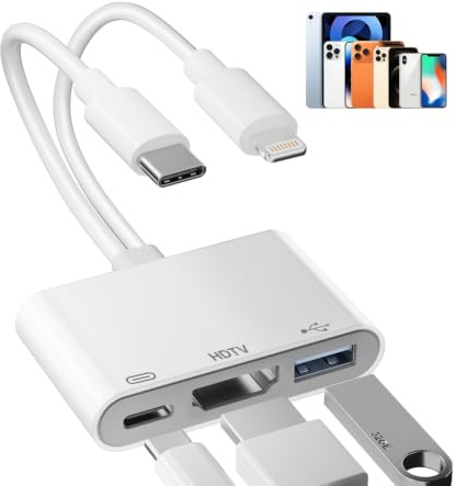 Suejezt Adaptador USB-C y Lightning a HDMI con USB para iPhone/iPad, MFi | 2 en 1 Adaptador USB-C y Lightning Digital AV con Puerto de Carga para iPhone/iPad a HDTV/Monitor, USB 2.0 para Teclado/Ratón