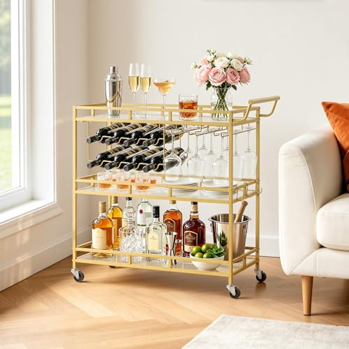 VEVOR Carrello Bar da Cucina, Carrello di Servizio 3 Ripiani Portabicchieri Portabottiglie con Maniglia, Beavnde Attrezzi da Bar, Soggiorno Sala da Pranzo Salotto, 880 x 380 x 890 mm, Colore Dorato