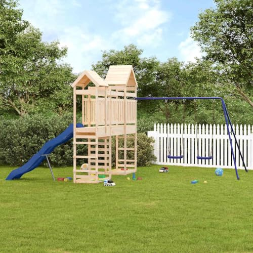 QUAHEAS Spielturm Massivholz Kiefer mit Rutsche und Schaukel, Klettergerüst für Kinder, Outdoor Spielhaus mit Sandkasten und Plattform, Stabiler Kletterturm für Garten