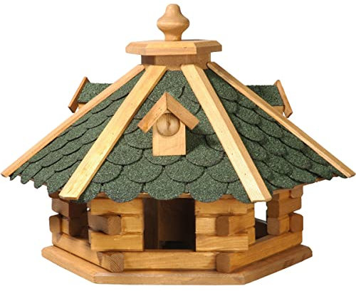 dobar® 98720e Vogelfutterhaus Bitumenschindeldach 6-eckig - Vogelhaus aus Massivholz - Vogelfutterstation mit Futtersilo - 6-eckige Vogelvilla - 51 x 45 x 37 cm - Grün