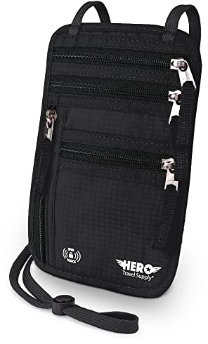 Hero Travel Supply Neck Wallet – RFID Blocking Passport Holder – Easy to Conceal Travel Pouch, Black