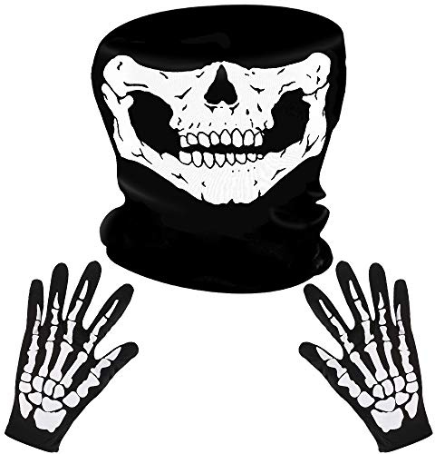 LYTIVAGEN Schädel Gesichtsmaske mit 1 Paar Skelett Handschuhe Skull Schlauch Maske Skelett Motorrad Gesichtsmaske für Halloween, Party Kostüm, Outdoor Aktivitäten