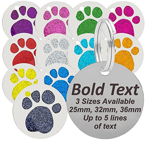 Personalised Engraved Round Glitter Paw Print Black Bold Lettering Dog/Cat Pet ID Tag Small/Large (Standard - 25mm, Blue)