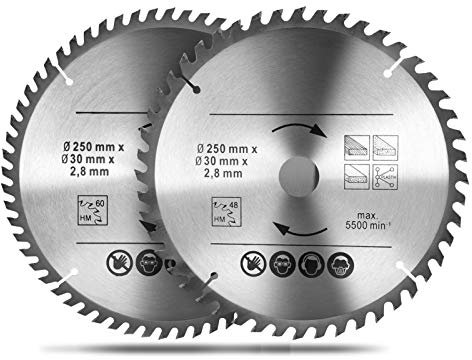Kreissägeblatt, Allesschneideblatt Hartmetall Sägeblatt Baukreissägeblatt sah Scheibenklinge Bohrung für Naturholz Hartholz Weichholz Furniersperrholz (2PCS 250 x 30mm)