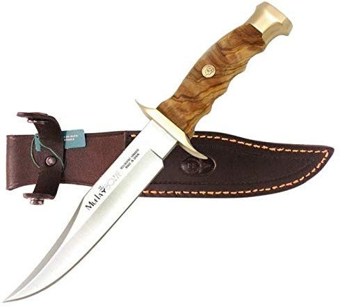 Muela Cuchillo de caza BW-16.OL con hoja de acero inoxidable ACX-380 de 16 cm y empuñadura de madera de olivo para Caza, Pesca, Supervivencia y Bushcraft + Portabotellas de regalo