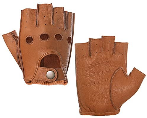 Harssidanzar Uomo Guanti da guida in pelle senza dita Mezze dita senza fodera in pelle di cervo GM005A,Abbronzatura,Taglia XL