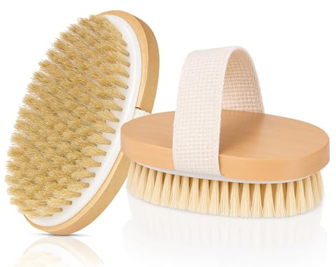 OPAZ 2-Pack Dry Body Brush – Natural Boar Bristles, Ergonomic Cotton Strap – Smoothes Skin, Reduces Cellulite, Boosts Circulation & Lymphatic Drainage – Eco-Friendly Wooden Scrub