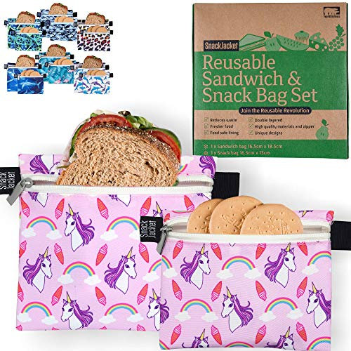 Reusable Sandwich & Snack Bags - by SnackJacket | Set of 2 | Eco Friendly Lunch Bags | 1 Tree Planted | Zero Waste Alternative to Plastic, Cling Film and Tin Foil. (Unicorns)