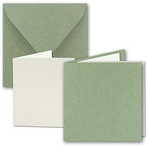 10x Quadratisches Faltkarten Set aus Kraft-Papier in Grün 15,0 x 15,0 cm - Doppel-Karten mit Briefumschlägen und Einlegeblättern aus Recycling-Papier - Serie Umwelt