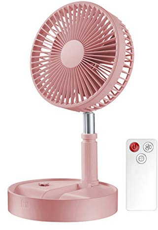 Ventilador pie eléctrico plegable telescópico, Ventilador escritorio USB portátil, con batería recargable 3600 mAh, pedestal ajustable Temporizador control remoto/silencioso 4 velocidades (Rosa)