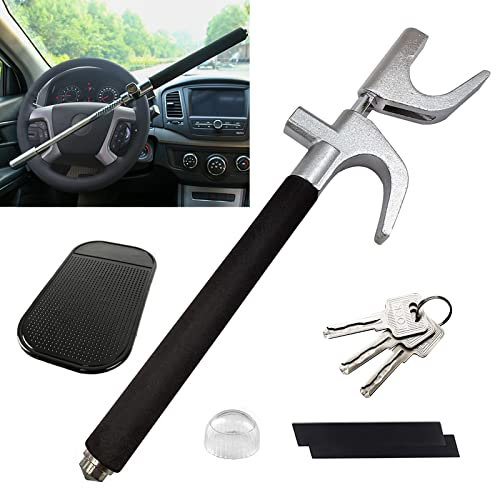 wyewye Steering Wheel Lock Universal, Retractable, Heavy Duty with Window Breaker, 3 Laser Keys for Cars, Trucks, SUVs, Vans