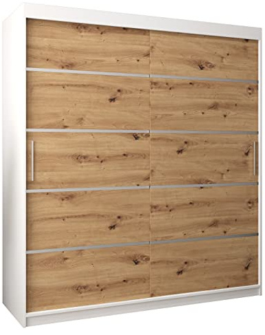 MEBLE KRYSPOL Schwebetürenschrank Verona 1 180 cm Kleiderschrank mit Kleiderstange und Einlegeboden Schlafzimmer- Wohnzimmerschrank Schiebetüren Modern Design (Schubladen: 0, Weiß + Artisan Eiche)