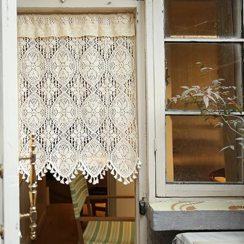 Izielad Rideau Court en Dentelle Crochet Romantique Style Maison de Campagne - Brise-Bise pour Café Cuisine, Beige, 56x84cm