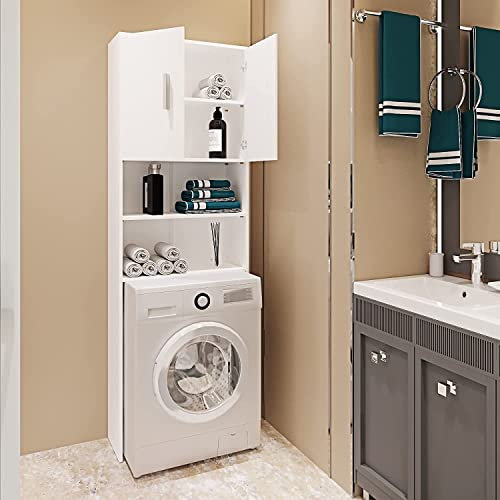 Bricozone Mobile Sopra Lavatrice Asciugatrice Mobili Salvaspazio Scaffale In Legno Mobiletto Bagno Armadietto Da Incasso A Colonna Con Ante Coprilavatrice Per Lavanderia 190 x 26 x 64 Cm Bianco