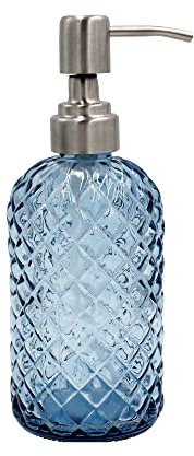 Seifenspender aus Glas mit Diamantmuster, 473 ml, nachfüllbar, für Küche und Bad, mit rostbeständiger Edelstahlpumpe für Handseife, Lotionglas, Flüssigkeitsspender (blau)
