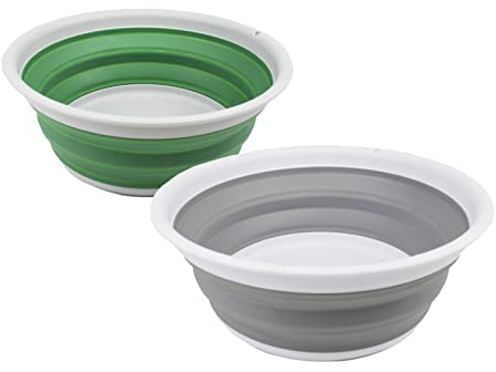 SAMMART 7.5L Set of 2 Collapsible Tub - Foldable Dish Tub - Portable Washing Basin - Space Saving Plastic Washtub (Grey + Dark Sea Green)