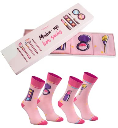 Rainbow Socks - Damen Mädchen Novelty Lustige Rosa Make Up Socken - Pink Make Up Socks Box - Lippenstift Make-up-Pinsel Schattenpalette - 2 Paar