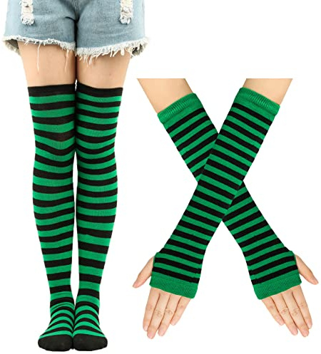 Thajaling Damen gestreifte kniestrümpfe, overknee strümpfe，Damen Thigh highs Fingerlose Handschuhe Kniehohe Socken Set, Gestreifte Lange Socken Hole Fäustlinge