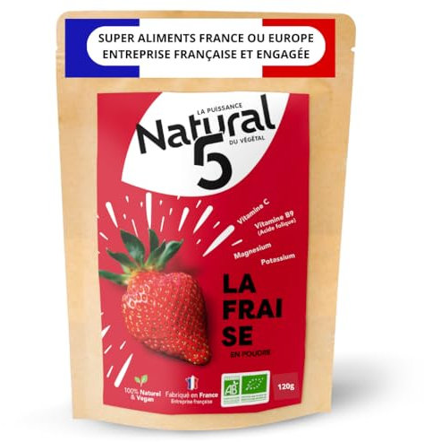 NATURAL5 - Poudre Complément Alimentaire Fraise Bio 120g - Vitamine C, Magnésium & Fibres - Immunité & Digestion - Vegan, Sans Sucre, 0 Additifs - Bio FR & Fabriqué en France - Sachet 120g