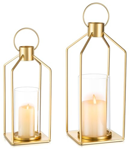 Staymoment Gold Lanterns Decorative Indoor: Set of 2 Lanterns with Glass for Table Centerpieces Candle Holder for Fireplace Patio Pocth Outdoor Modern Home Decor
