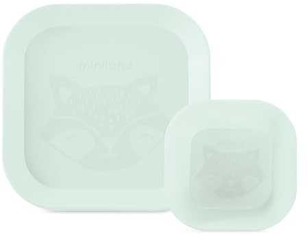 Miniland Dolce Mint Set de plato cuadrado y bol. Vajilla cuadrada que incluye plato llano y bol. Fabricada en España y diseñada para todos los niños.