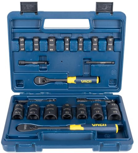VACO VAC4202 - Juego de 20 llaves de vaso de impacto 2 en 1 con funda, adaptadores, trinquete, 14 enchufes, 28 tamaños SAE y métricos para unidades de 1/4 y 3/8 pulgadas