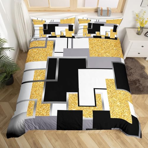 Homewish Housse de Couette 200x200 Jaune Noir Gris, Parure de Lit Adulte Géométrique Abstraite, Sets de Housses de Couettes Grillagée Pailletée, Couvre Lit À Carreaux de Buffle, 3 Pièces