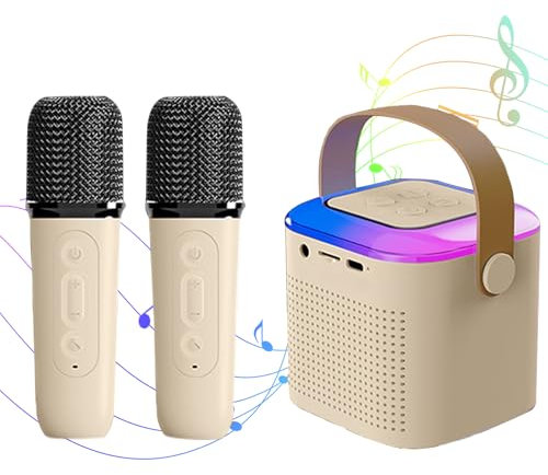 Mini altoparlante per karaoke per bambini e adulti, con 2 microfoni wireless e luci a 7 colori, giocattolo per tutti gli smartphone, per compleanno, casa, feste in famiglia (beige)