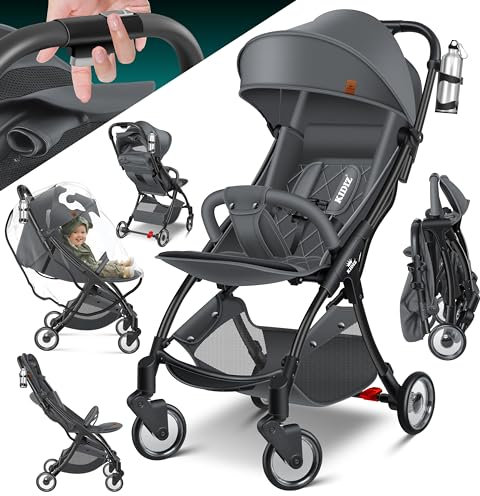 KIDIZ® Kinderwagen Premium Kinderbuggy klappbar Liegebuggy Sportwagen Faltbar 360°Räder 5-Punkt Gurt Inkl. Getränkehalter & Regenabdeckung, verstellbare Rückenlehne & Sonnenverdeck Anthrazit