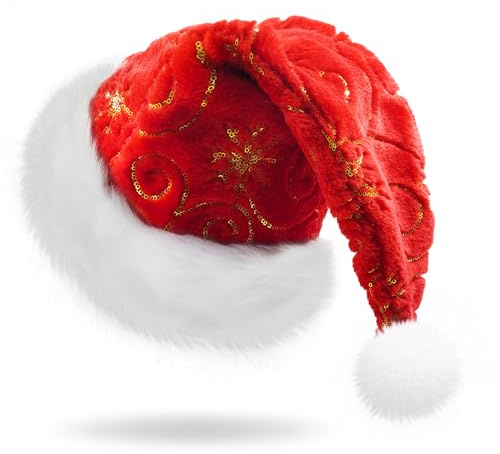 YMIFEEY Weihnachtsmütze für Erwachsene Nikolausmütze mit Plüschkrempe, Pailletten verziert, Plüsch Nikolaus Mütze Weihnachtliche Mütze Weihnachtsmann Mütze für Männer Frauen (Rot)