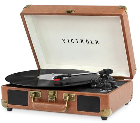 Victrola Journey Giradischi Portatile a Valigia con Bluetooth – 3 Velocità, Altoparlanti Integrati, Uscita RCA, Jack Cuffie (Marrone)