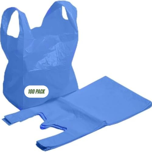 SMART BUYS 100% Degradable Vest Carrier Bags with Handles - Eco-Friendly, Reusable Plastic Shopping Bags for Groceries, Retail, and Home Storage - 11 x 17 x 21 (100, Blue)