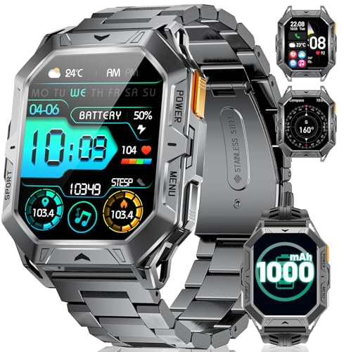 Smartwatch Herren Militär mit 1000 mAh 50 Tage Akku 2,13 Zoll AMOLED Display Kompass/Podómetro/Herzfrequenz/Barometer Bluetooth Anruf 10 ATM Wasserdicht Android iOS Smartwatch Herren