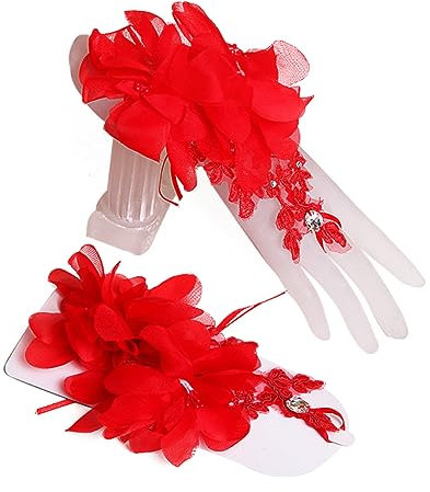 VALICLUD 1paar Koreanische Brauthandschuhe Mit Blumenrhinestone-design Rote Kurze Handschuhe Für Hochzeiten Partys Und Besondere Anlässe