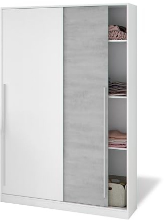 duehome | Armario de 2 Puertas Correderas, Barra de Colgar y Estantes, Armario para Dormitorio, Modelo Show, Acabado en Blanco Artik y Cemento, Medidas: 120 cm (Largo) x 200 cm (Alto) x 50 cm (Fondo)
