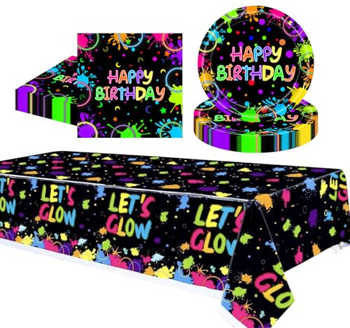 MOMAHUA 37Pcs Neon Birthday Party Tableware Set,Glowing Table Decorations for Kids Birthday, Neon Themed Dinnerware with Tablecloth, Plates, Napkins for 16 Guests