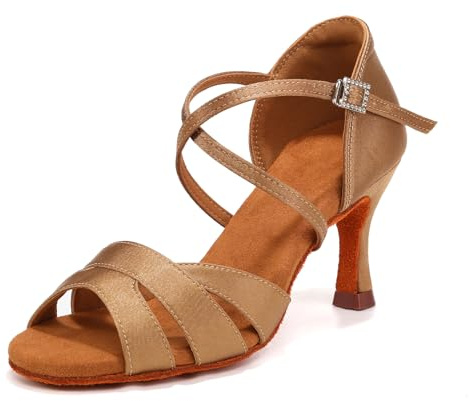 GYUBL Women's Satin Latin Dance Shoes with Open Toe, Beige, 7 US | Suede Sole Performance Ballroom Salsa Tango Dancing Shoes with 3 Inch Heels