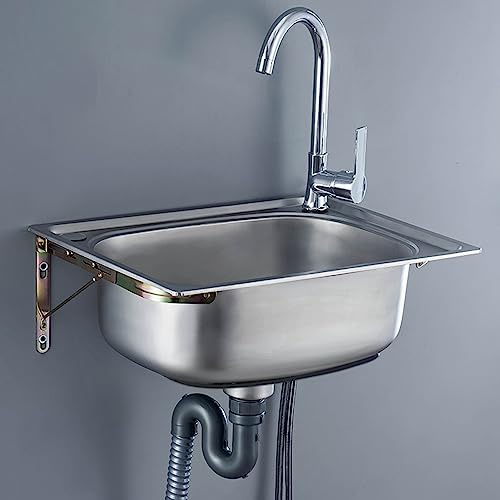 Lavello commerciale Lavamani Lavello da cucina a parete in acciaio inox Lavello in acciaio inox a vasca singola con scolapiatti e rubinetto per bar e,48x35cm - Rubinetto singolo per acqua fredda