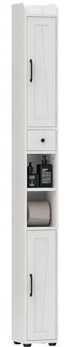 HOMCOM Armoire Salle de Bain Haute, Meuble de Rangement Colonne, 2 Portes, tiroir, niches Ouvertes, étagères réglables et Porte-Papier, Meuble étroit pour Toilette, Petits espaces, 20x20x185cm, Blanc