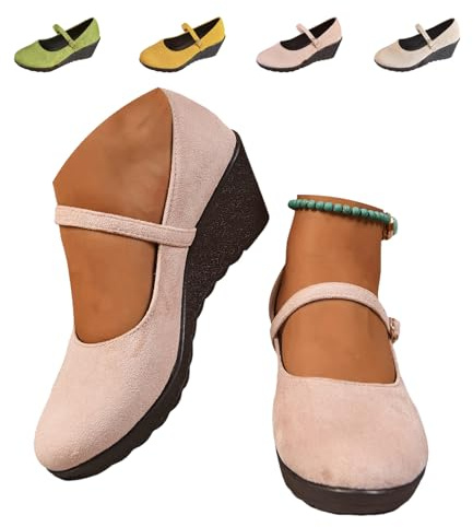 Mary Janes - Scarpe da donna con tacco a zeppa, punta rotonda, ballerina, in morbida pelle scamosciata, elegante, per lavoro quotidiano, rosa, 40.5 EU