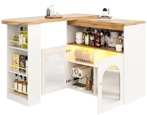 OCACA Moderner ausziehbarer Bartisch, drehbarer Hochtisch mit Stauraum und Glasfront, Kücheninsel Stehtisch aus Holzwerkstoff mit LED Lichtleiste, für Küche und Esszimmer, 138–193 cm (White + MDF)