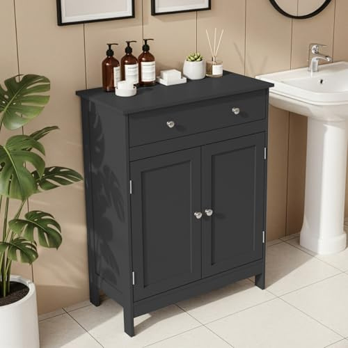 Karl home Bathroom Floor Cabinet with 2 Doors and 1 Drawers, Toilet Free Standing Wooden Side Storage, and Adjustable Shelf for Bedroom, Living Room, 60 x 30 x 80 cm Black