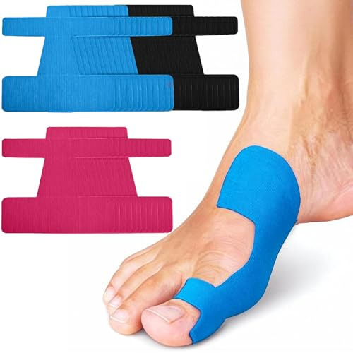 YNOUYRS Hallux Valgus Kinesiotape - 30 vorgeschnittene Sport & Physio Tapes für Zeh und Fuß - Precut Kinesiologie Tape bei Ballenzehen, hautfreundlich und latexfrei, Schwarz + Blau+Rosa